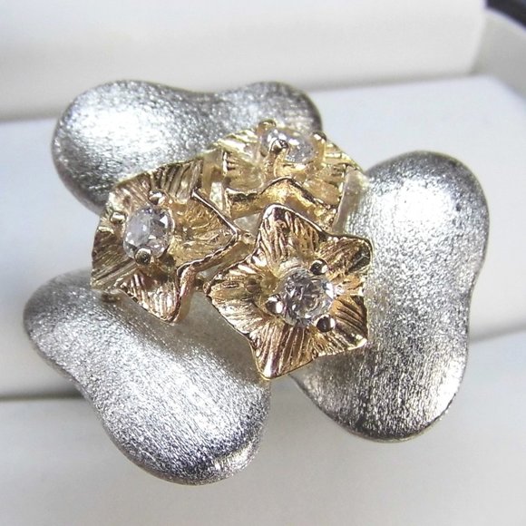 Flower Two Tone Sterling SILVER CZ Ring - Picture 3 of 7
